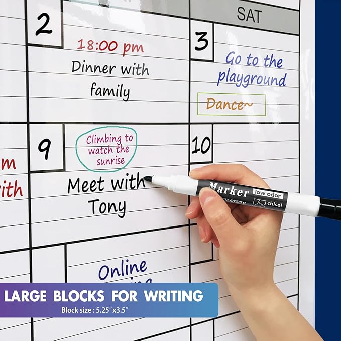 Dry Erase Monthly Extra Large White board Calendar for Wall, 25" by 38", Jumbo Laminated Erasable One Month Whiteboard Calendar, Huge Oversized Blank 30-Day Poster with Lines and Squares