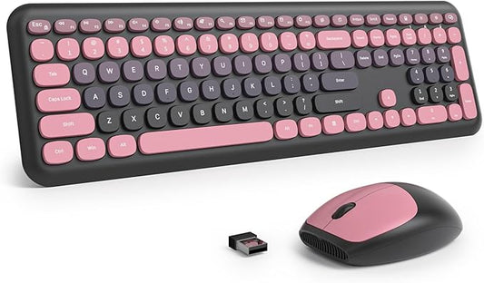 Surmen Black Pink Keyboard and Mouse Wireless Quiet, Full-Size Girly Slient Keyboard Retro Typewriter Low-Noise 2.4GHz for Computer, Desktop, Laptop (110-Heimei Pink)