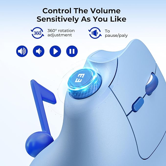 seenda Ergonomic Mouse Wireless, MOU-302 Bluetooth Vertical Mouse Rechargeable, Optical Mice with 1000/1600/2400 DPI, Volume Knob, 3 Multi-Device Connectivity for Computer/PC/Laptop/Mac, Blue
