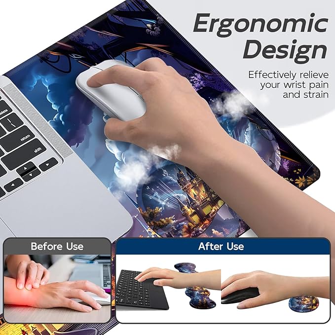 Gaming Mouse Pad Set, Moonlight Fantasy Castle Large Desk Mat Mousepad, Keyboard Wrist Support, Mouse Wrist Rest, Coaster 4in1 Ergonomic Memory Foam, Non-Slip Stitched Edge for Home Office