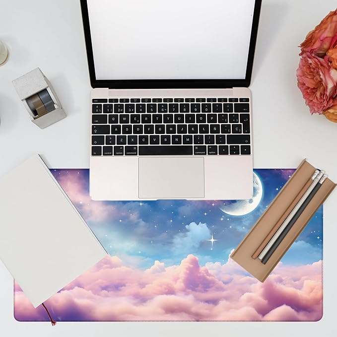 Desk Pad, Watercolor Fantasy Clouds Cape Desk Mat, Stars and Crescent Moon Large Gaming Mouse Pad for Desk, 31.5"x15.7" Extended Big Computer Mouse Pad with Non-Slip Base and Stitched Edge