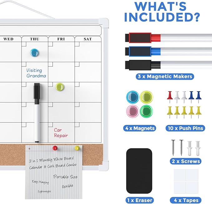 MaxGear Monthly Calendar Whiteboard Dry Erase Cork Board for Wall, 16"x12" Double-Sided Dry Erase White Board Calendar with Bulletin Board, Hanging Dry Erase Board for Office, Home, School