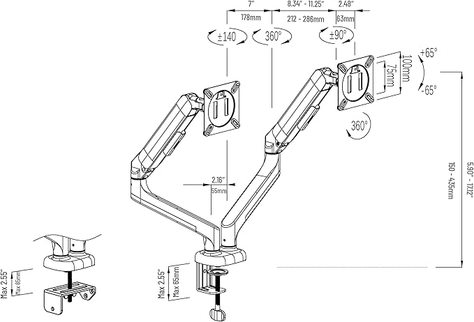 Mind Reader Dual Monitor Gas Spring Desk Mount, Counter-Balance Arm for 13"–32" Monitors, VESA 75x75 / 100x100, ±180° Rotation, ±65° Tilt, ±180° Swivel, 19.8 lb Capacity Each, Cable Management, Black