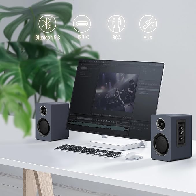 Computer Speakers for Desktop PC, Active Bookshelf Speaker with 3‘’ Carbon Fiber Woofer and Silk Film Tweeter ,Supports Bluetooth 5.3, USB-C, AUX/RCA Input for Record Player TV - Gray Stereo Set