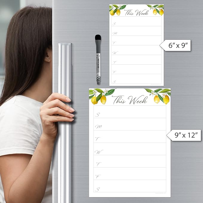 Dry Erase Weekly Calendar Planner Sticker Decal | Removable & Reusable | Magnetic Fine-Tip Marker Included (9 x 12 inches, Lemon Fresh)