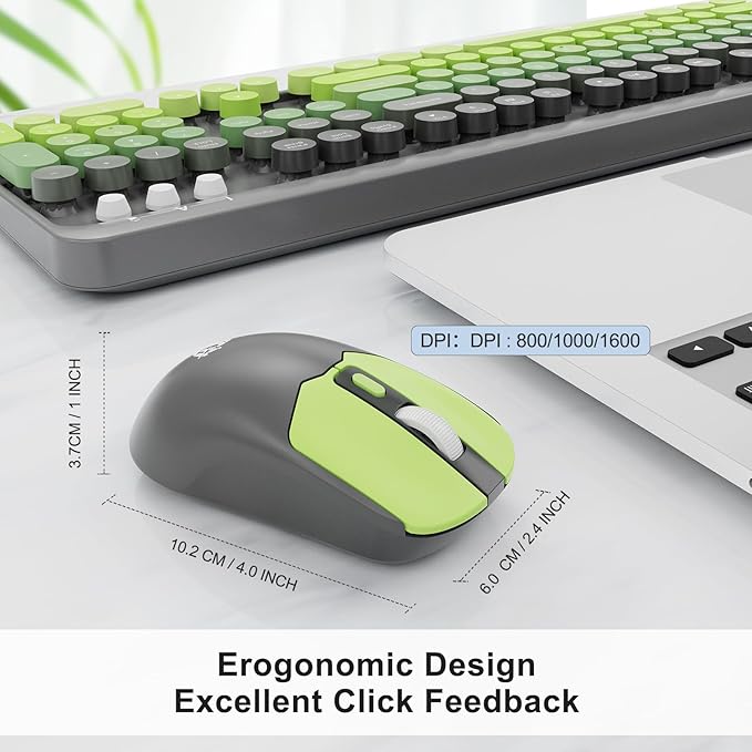 Wireless Keyboard and Mouse Combo - Cute Colorful Keyboard and Mouse, Retro Typewriter Keyboard with 2.4GHz Plug & Play, for Windows 11/10/7, Laptop, PC (Green)