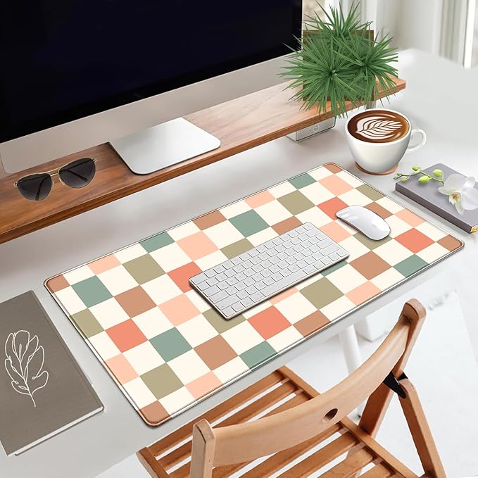 Boho Checkered Desk Mat, Retro Beige Plaid Mouse Pad Xl-31.5x15.7in-Pastel Desk Mousepad-Extended Aesthetic Keyboard Mouse Pad-for Kid Girl with Stitched Edges Non-Slip Office Decor