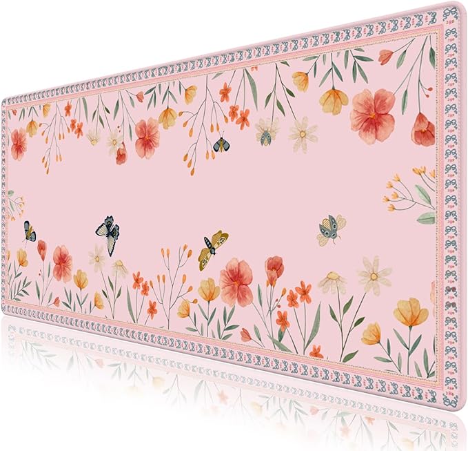 Desk Pad for Keyboard and Mouse, Large Mouse Pad for Desk, Non-Slip Keyboard Mat, Computer Mats for Desk, Cute Desk Pad with Stitched Edges for Office, Gaming I Pink Butterflies Flowers