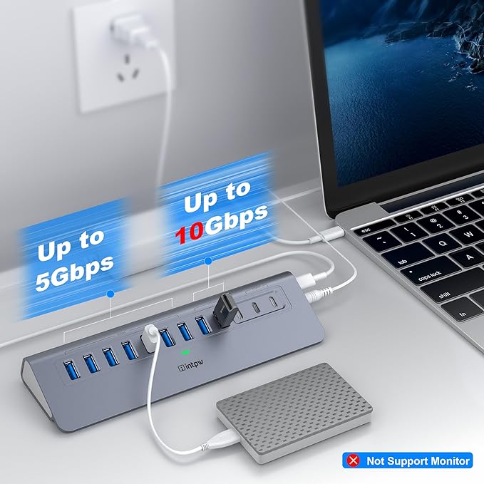 Powered USB Hub 10Gbps, intpw YH9AC 12-Port USB Splitter with USB A/USB C 3.2, 4 USB 3.0, 2 PD 45W Charging Ports, 65W Power Adapter + 3.3FT Cable, Aluminum USB Extender Hub for Laptop/PC/iPhone 16/15