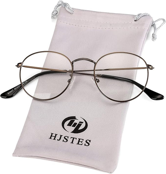 HJSTES Round Blue Light Glasses for Women Men Retro Circle Clear Lens Metal Frame Eyeglasses