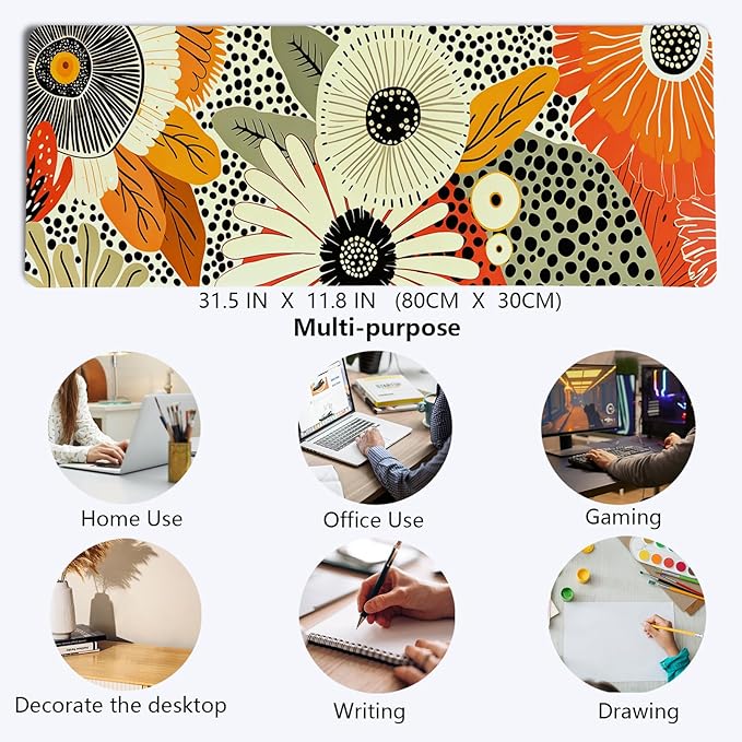 Boho Mid-Century Modern Floral Mouse Pad,XL Large Art Aesthetic Retro Abstract Flower Desk Mat,Summer Colorful Botanical Flower Mousepad for Home Office Dorm Desktop Decor,31.5x11.8 Inch