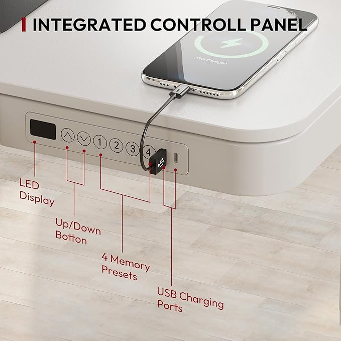 SANODESK Standing Desk with Drawer, Electric Height Adjustable Home Office Desk with Storage & USB Ports, 55 inch White Wood Tabletop/White Frame