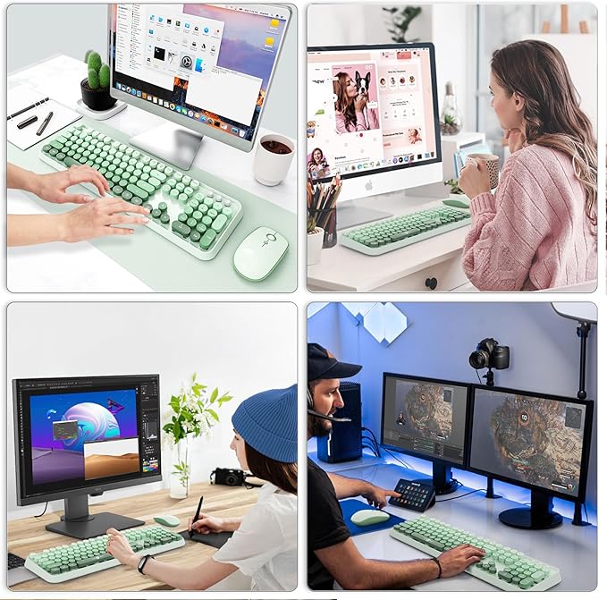 Sage Green Wireless Keyboard and Mouse Combo, Retro Typewriter Style Cute Bubble Keyboard with Round Keys, 2.4GHz Full Size Computer Keyboard and Mouse with 3 DPI for PC Laptop Windows (Mint Green)