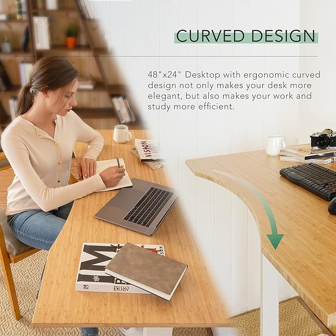 FlexiSpot E6 Bamboo 3-Stage Dual Motor Electric Standing Desk 48 x 24 Sit Stand Up Desk, Holds 220 lbs, Adjustable Height w/ Memory Presets, Solid Bamboo Curved Desktop & White Frame, Ships in 2 Boxes