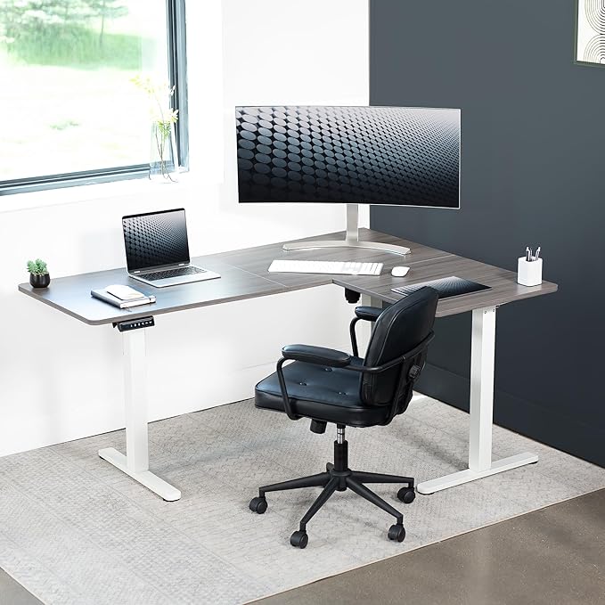 VIVO Corner Standing Desk, 63 x 47 inch Reversible L-Shaped Workstation, Electric Height Adjustment, Home, Office, and Reception Rooms, Dark Gray Table Top White Frame, DESK-E3CTWG-47