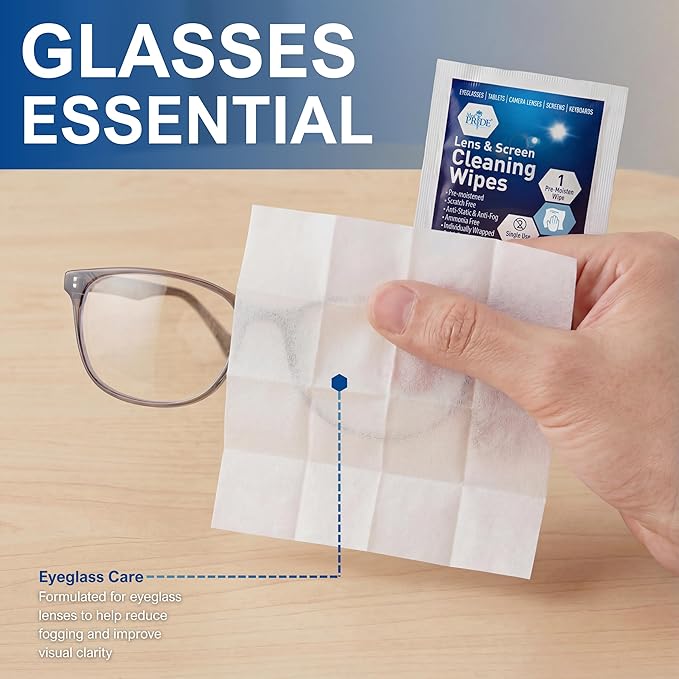 MED PRIDE Lens and Screen Cleaning Wipes for Eyeglasses, Touch Screens, Cameras, Anti-Fog, Scratch-, Anti-Static (100 100 Count (Pack of 1))