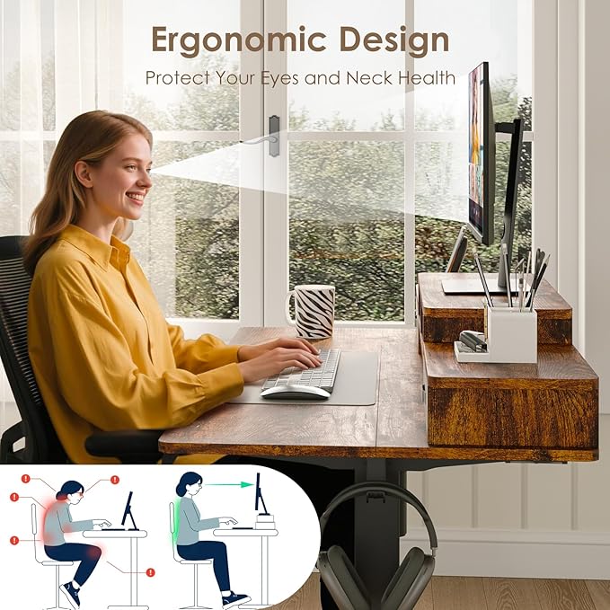 48x24 Inch Electric Standing Desk with 2 Drawers, Adjustable Height Desk with Storage Shelf, 3 Preset Heights, 2 Hooks and Cable Management, Ergonomic Rising Computer Table for Home Office