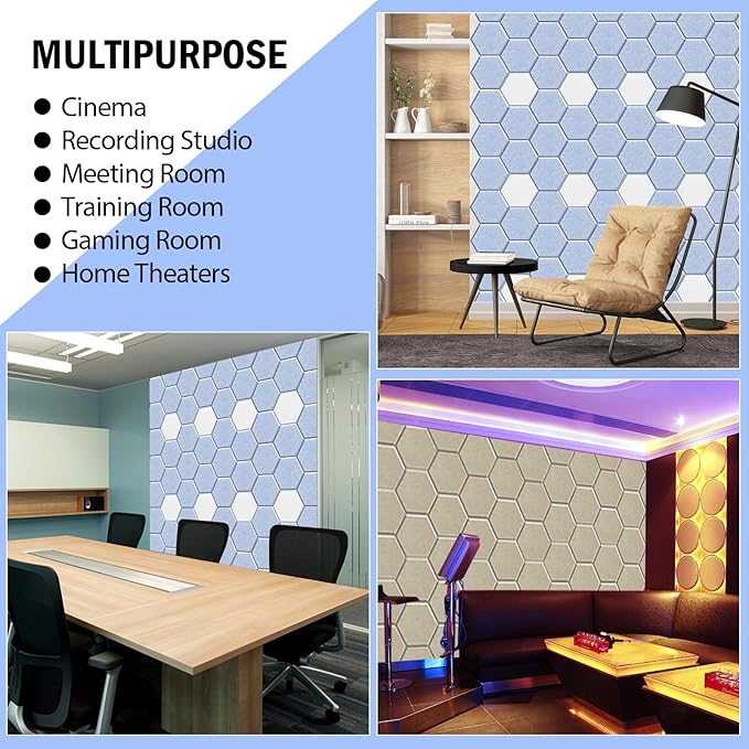 Hexagon Acoustic Panels Self-Adhesive, 12 Pack 12" X 10" X 0.4" Sound Absorbing Panels, High Density Soundproofing Wedge Tiles(Light Sky Blue)