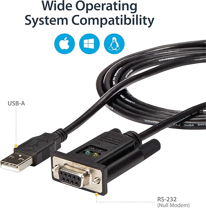 StarTech.com 6ft (1.8m) 1-Port USB to Serial RS232 Adapter, FTDI DB9 Serial DCE Adapter Cable, Null Modem, USB 2.0 - TAA