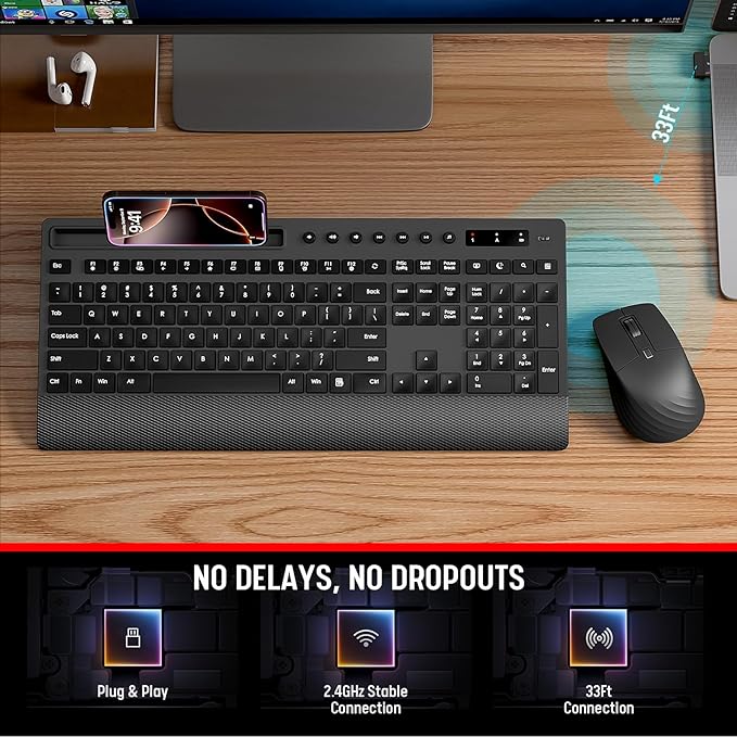 Trueque Wireless Keyboard and Mouse Combo - Full-Size Quiet Keyboard with Palm Rest, Phone Holder, Multimedia Keys, Power Switch, Compatible with Windows, Chrome OS, PC, Laptop (Batteries Included)