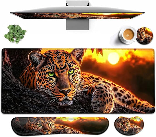 Large Mouse pad and Keyboard Support Set, Ergonomic Memory Foam Keyboard Wrist Rest, Extended Gaming Mouse Pad with Stitched Edges, Animal Leopard XXL Desk Mat (31.5 X 11.8 in)