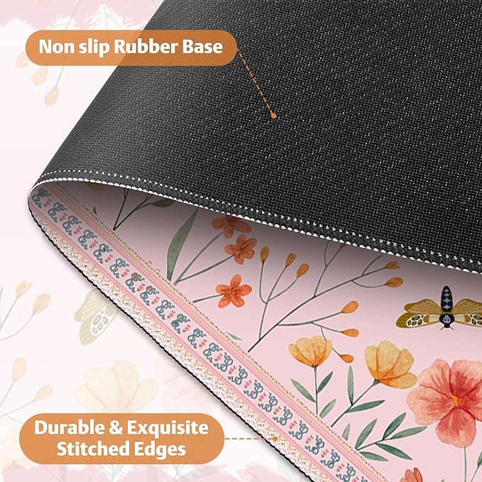 Desk Pad for Keyboard and Mouse, Large Mouse Pad for Desk, Non-Slip Keyboard Mat, Computer Mats for Desk, Cute Desk Pad with Stitched Edges for Office, Gaming I Pink Butterflies Flowers