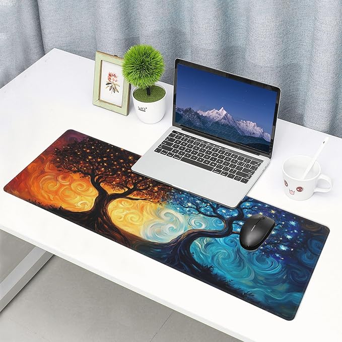Blue and Red Tree Desk Mat Large Gaming Mouse Pad Blue and Red Tree Extended Mousepad Big in Laptop Computer Mouse Keyboard Mat for Office Desk Decor 31.5x12 in