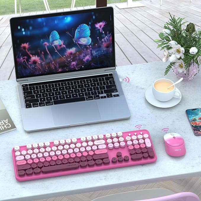 UBOTIE Colorful Computer Wireless Keyboards Mouse Combos, Typewriter Flexible Keys Office Full-Sized Keyboard, 2.4GHz Dropout-Free Connection and Optical Mouse (Rosy Gradient)