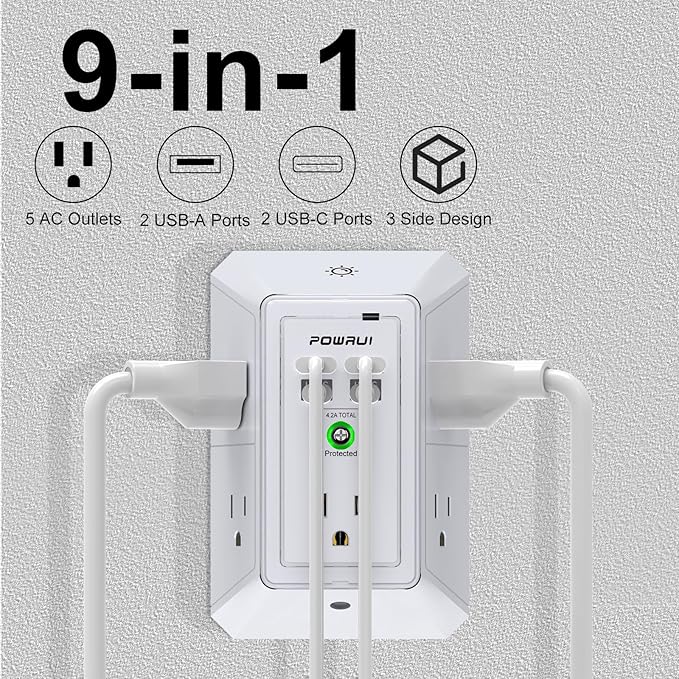 3-Sided Outlet Extender with Night Light - POWRUI Multi Plug Outlet with 5 Outlets and 4 USB Ports(2 USB-C), USB Wall Charger for Home, Office, Travel, ETL Listed, White