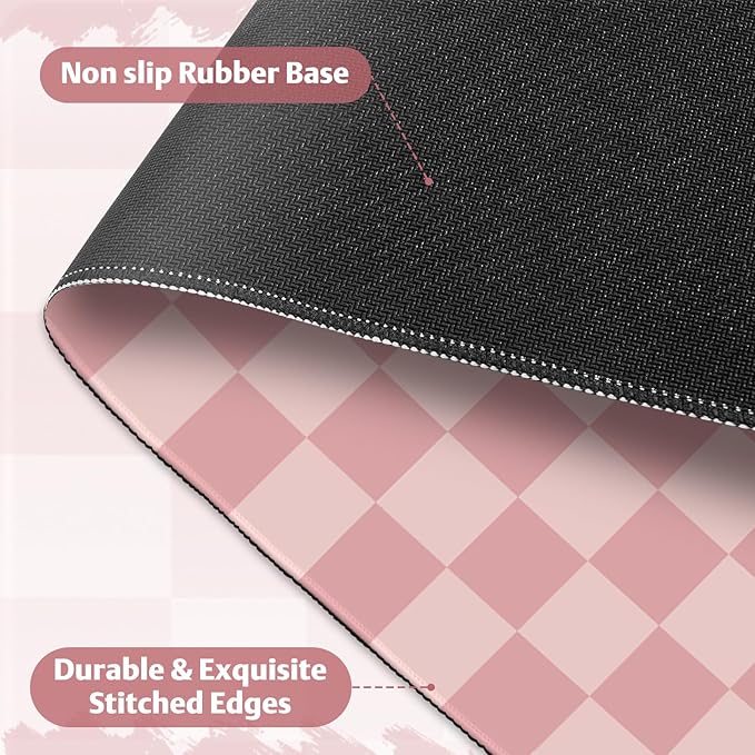 Checkered Pattern Desk Pad Mouse Pad, Large Gaming Mouse Mat with Stitched Edges, Waterproof Rubber Base Mous Mat for Office Computer Keyboard Laptop Home Decor Women (35.4X17.5 inch), Pastel Pink