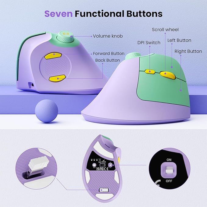 seenda Ergonomic Mouse Wireless, MOU-302 Bluetooth Vertical Mouse Rechargeable, Optical Mice with 1000/1600/2400 DPI, Volume Knob, 3 Multi-Device Connectivity for Computer/PC/Laptop/Mac, Purple
