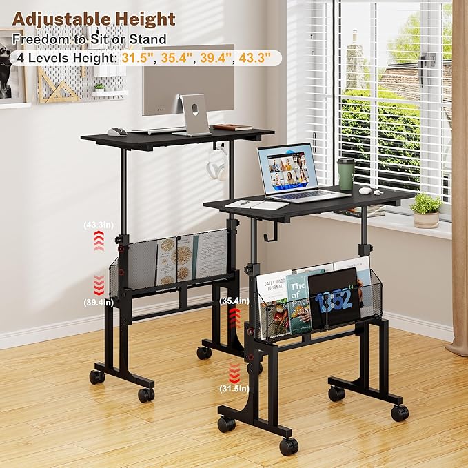 Height Adjustable Standing Desk With Storage, Small Stand Up Desk With wheels, Portable Rolling Desk for Home Office, Mobile Sit Stand Desk for Small Spaces, For Walking Pad Treadmill, Black