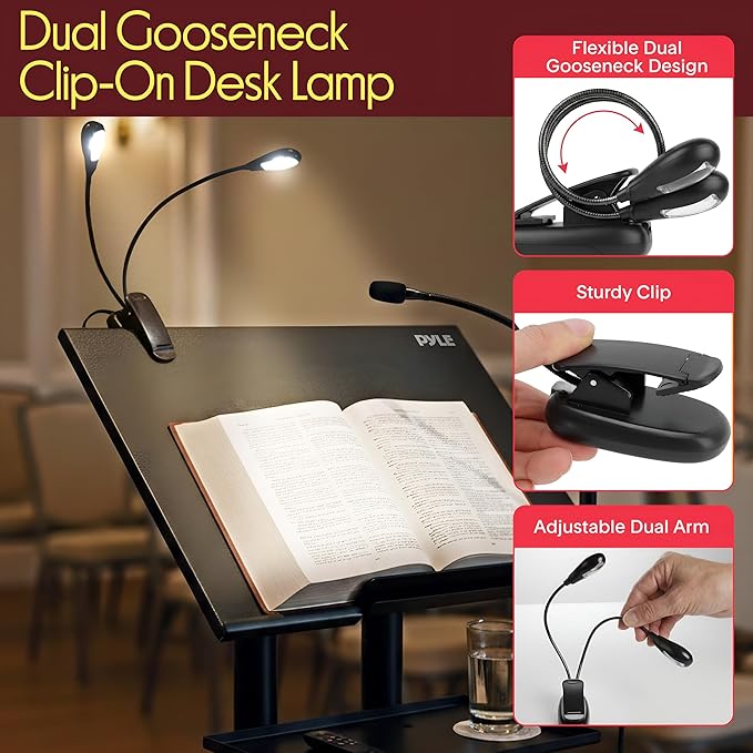 Pyle Lectern Podium Stand | Adjustable Height Top Shelf, Bottom Shelf, Locking Plastic Wheels, & LED Reading Light | Mobile Standing Desk for Classrooms & Presentations | Portable Rolling Table Design