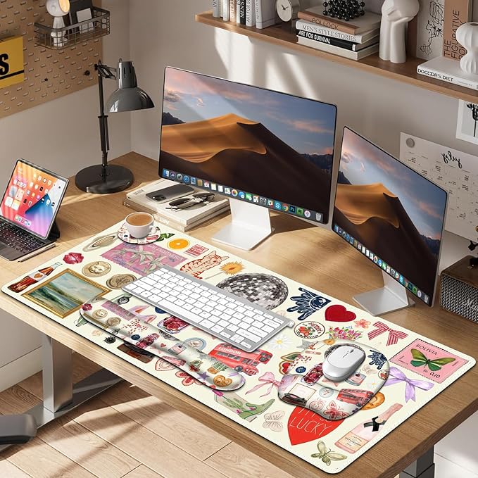 Beige Mouse Pad with Wrist Support 4 in1 Set, XXL Big Game Mousepad + Keyboard Wrist Rest + Mouse Wrist Rest Pad +Coaster Gaming Mat for Home Office Work Computer I Cute Design Stickers
