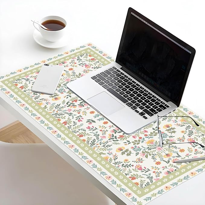HVEST Cute Floral Mouse Pad, Sage Green Desk Mat,XXL Large Mouse Pad for Laptop Computer, Mousepad with Non-Slip Rubber Base and Stitched Edge for Game, Office, Home 31.5'' x 15.7''