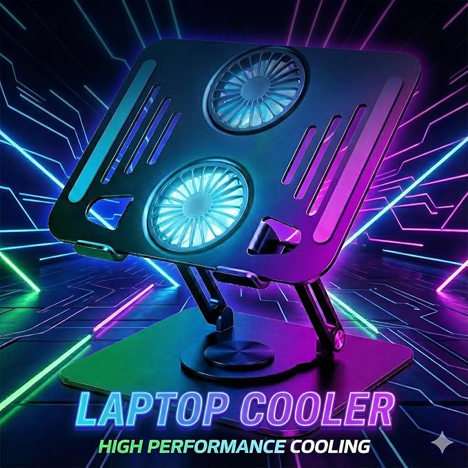 Laptop Cooling Stand with Dual Turbo Cooling Fans, Adjustable Height & Angle, 360° Rotating, Ergonomic Aluminum Notebook Riser for 10-17 inch Laptops (Obsidian Black)