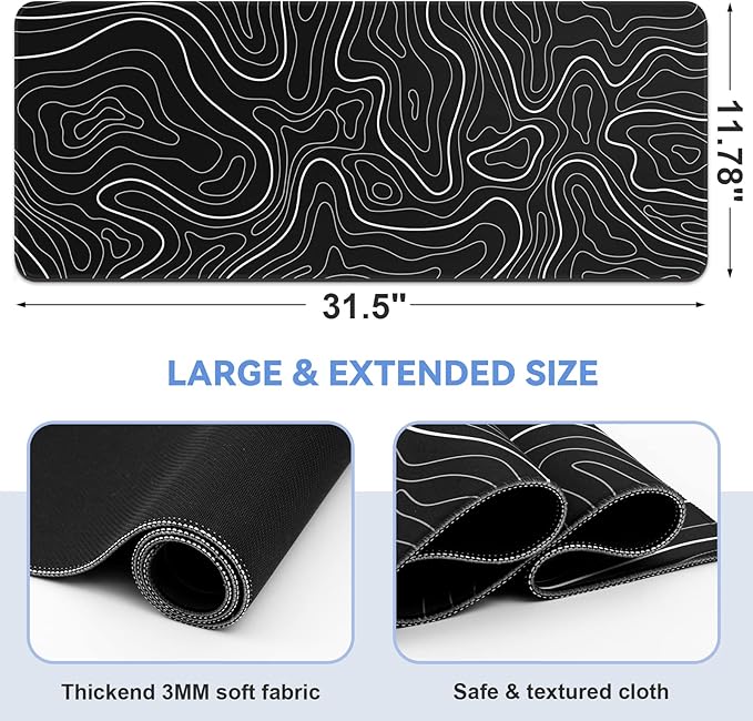 Mouse Pad Gaming Mousepad 31.5 x 11.8in Large Mouse Pad for Keyboard and Mouse with Anti-Slip Rubber Base, Keyboard Pad XL Mouse Mat for Home and Office（Black with White Topographic Line）