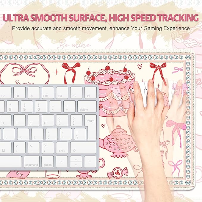 Desk Pad for Keyboard and Mouse, Large Mouse Pad for Desk, Non-Slip Keyboard Mat, Computer Mats for Desk, Cute Desk Pad with Stitched Edges for Office, Gaming I Kawaii Pink Bow Heart