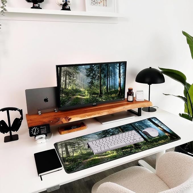 Morning Mist Forest Mouse pad, Micro-Woven Fabric Desk pad,Large Green Tree Natural Scenery Desk mat with Sewn Edges, Anti-Slip Rubber Base, Suitable for Office laptops, Size 31.5×11.8 in