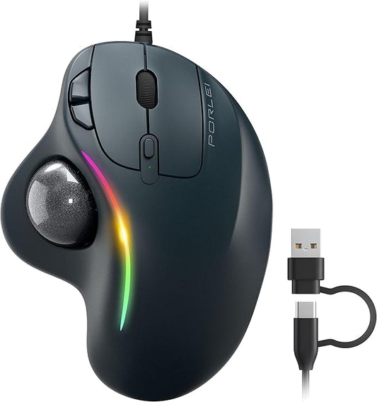 Wired Trackball Mouse with RGB Lighting, Ergonomic Thumb Control to Reduce Muscle Strain, 5 Adjustable DPI, Dual USB-C & USB-A Connectivity, Compatible with PC, Laptop, Mac, Windows-Black