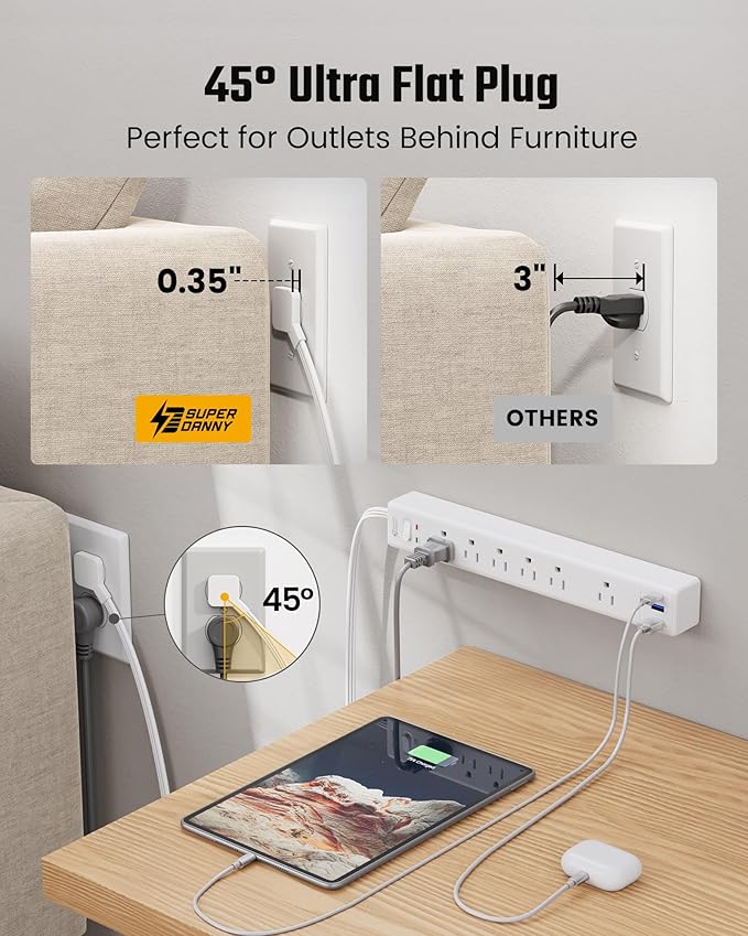 20Ft Long Extension Cord, SUPERDANNY Flat Plug Surge Protector Power Strip 20 Feet, 6 Outlets & 3 USB Ports, Wall Mountable Power Bar for Home Office, Dorm Room