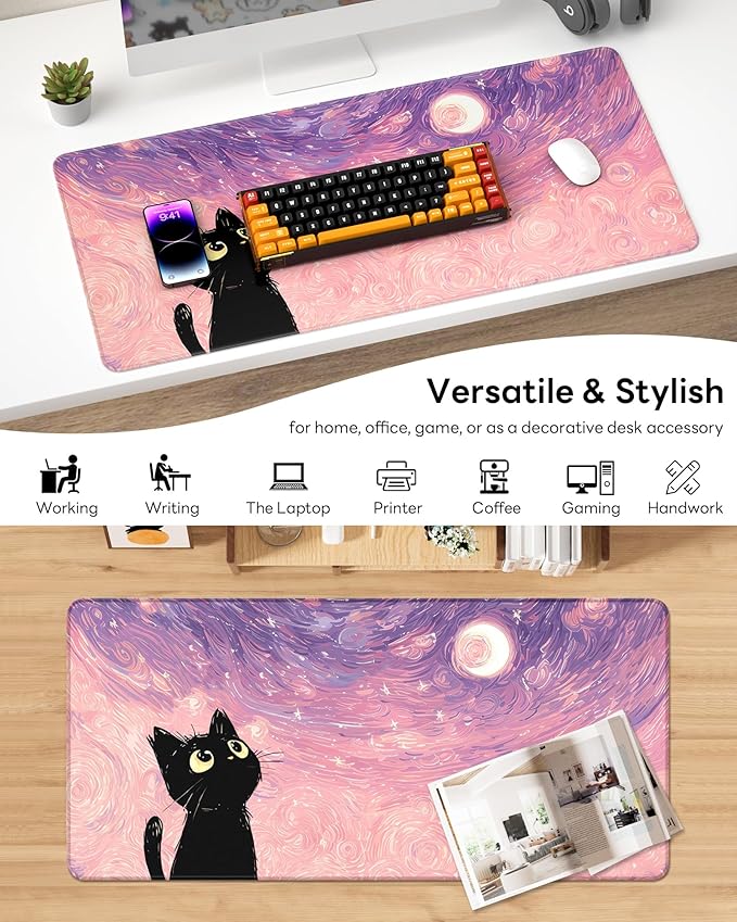 XL Gaming Mouse Pad, 31.5x15.7'' Large Desk Mat with Anti-Slip Rubber Base & Stitched Edges for Gaming, Office, Home, Van Gogh Cat