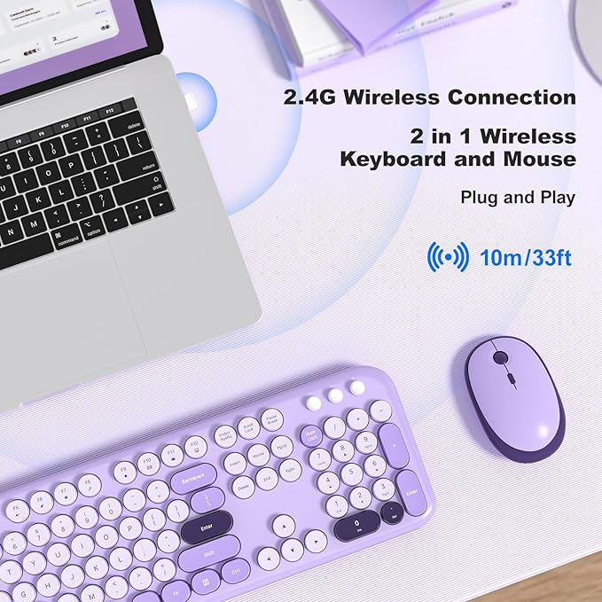 MOFII Wireless Keyboard and Mouse Combo - Pale Violet Full Sized Plug and Play Colorful Computer Keyboards - 104 Keys Round Keycap USB 2.4G Cute Keyboard for Windows/Laptop/Mac/Desktop/PC