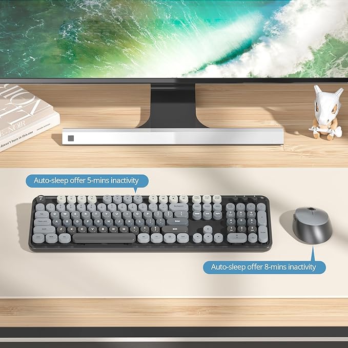 Black Keyboard and Mouse Combo Wireless, 2.4G Full Size 104-Key Retro Typewriter Keyboards Round Keys for Students Teenagers Home Office PC Laptop(Black Gray)