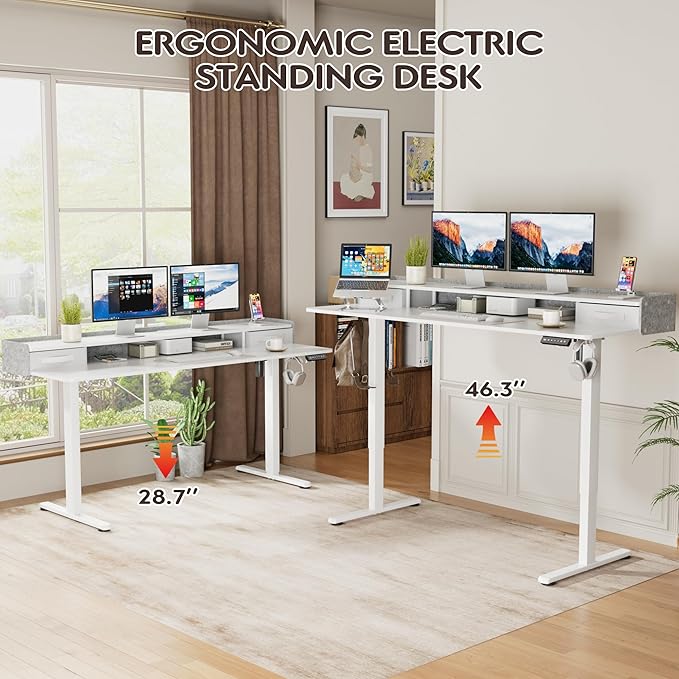 Furmax Electric Standing Desk with Drawers, Stand Up Desk with Storage Shelf Height Adjustable Computer Desk with Organizer for Home Office Ergonomic(White, 63 Inch)