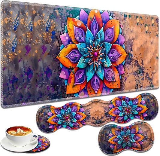 Large Gaming Mouse Pad + Keyboard Wrist Rest + Wrist Support + Coaster Set, Memory Foam Ergonomic for Easy Typing, XXL Extended Gaming Mouse Pad Table Pad - Mandala Flower