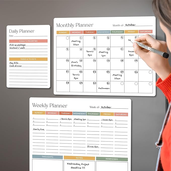 Beautiful Magnetic Dry Erase Calendar Set of 3 - Easy-to-Erase Whiteboard with Marker & Premium Magnet for Your Fridge - The Perfect Weekly and Monthly White Board Organizer for Everyday Planning