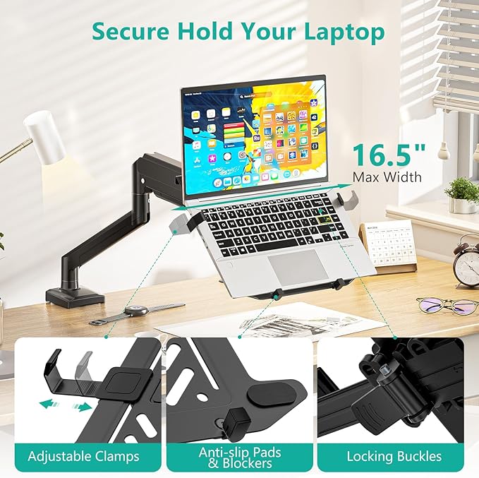 WALI Single Arm Laptop and Monitor Desk Mount for 17" Notebook and Single Screen, 2-in-1 Adjustable Gas Spring Monitor Arm with Laptop Tray, VESA 75x75 100x100,Holds 22-26.4 lbs, Black (GSMP001NLP)