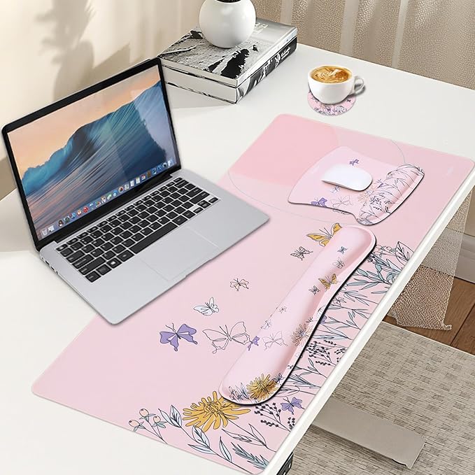 MEGREZ 4-in-1 Ergonomic Memory Foam Wrist Rest Set, Desk Pad, Mouse Pad with Wrist Rest, Keyboard Pad, Suitable for Office Workers, Programmers & Gamers–Relieve Typing & Gaming Fatigue, Light Pink