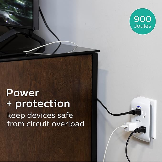 Philips 6-Outlet Extender Surge Protector, 900 Joules, 3 Prong, Space-Saving Design, Protected Indicator LED Light, 4 Pack, White, SPP3469WA/37